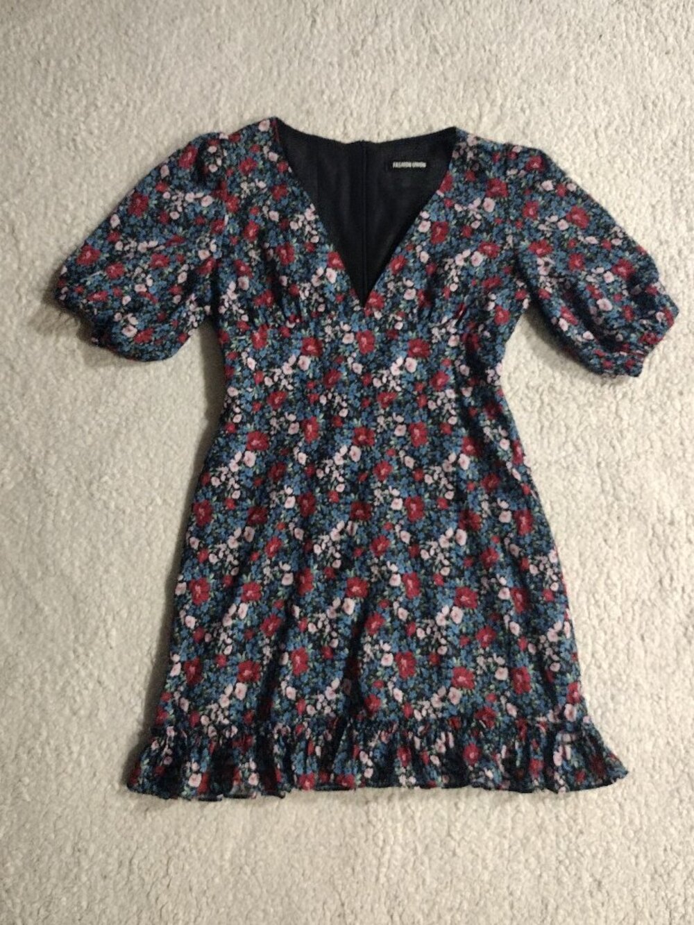 Fashion Union Size Large Floral Flower Mini V-Neck Zipper Back Dress